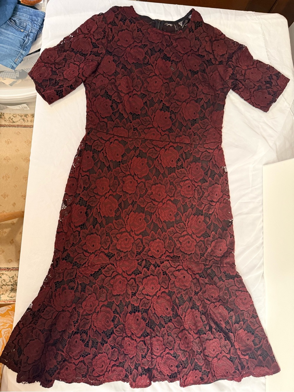 Maggy London Burgundy Floral Lace Midi Dress